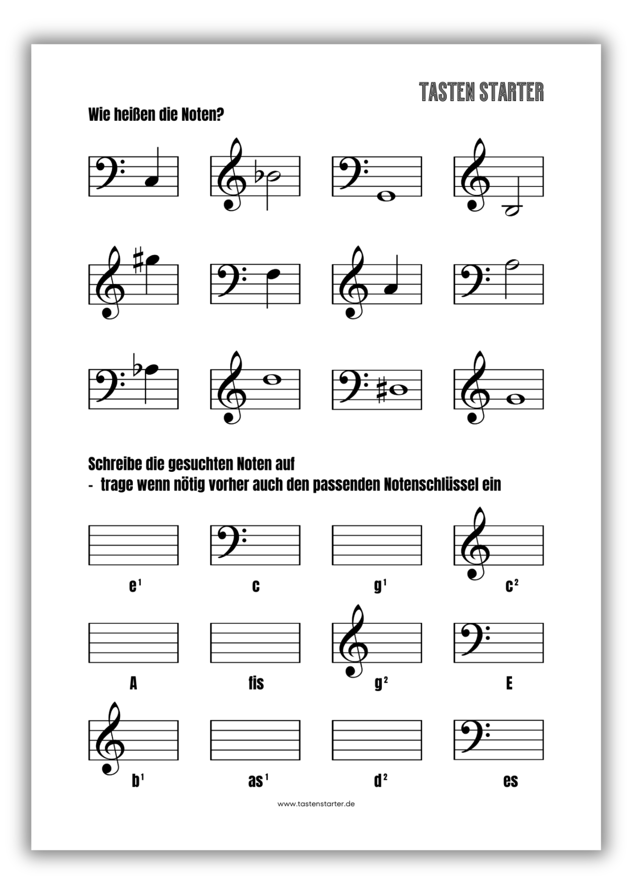 Noten benennen und aufschreiben Arbeitsblatt - Tasten Starter